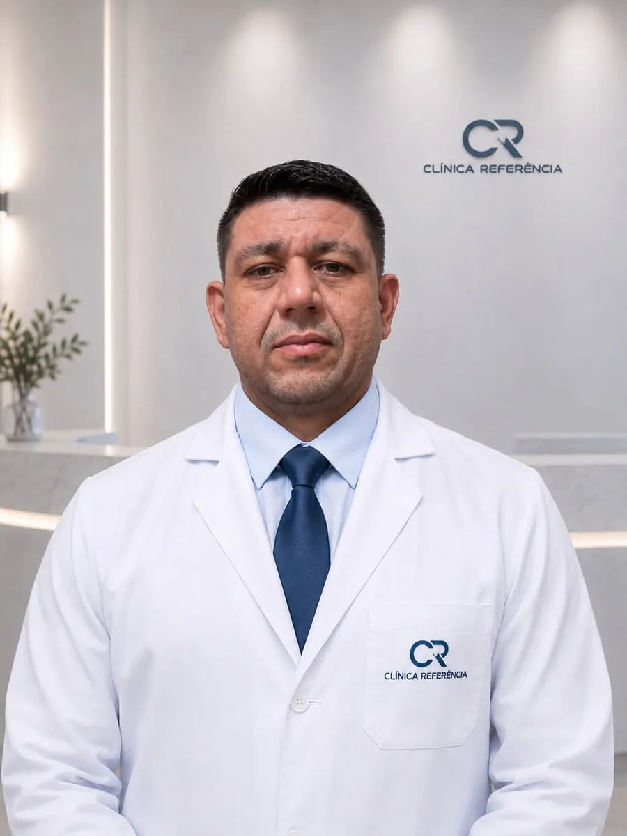 Dr. Roberto Linhares de jaleco na recepção da Clínica Referência